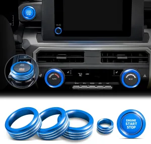 Accessories for Toyota Tacoma 2024 2025 & 4Runner 2025 with 8’’Screen - 4WD Trailer Gear Switch, A/C Ctrl, Volume Adjustment Knob Cover, Push Start Button Cover/Ring 6pcs/Set (Blue)