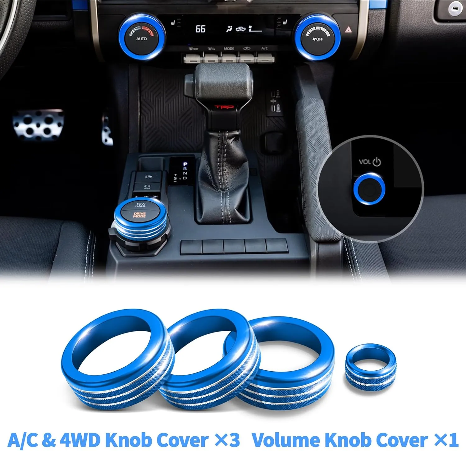 Accessories for Toyota Tacoma 2024 2025 & 4Runner 2025 with 8’’Screen - 4WD Trailer Gear Switch, A/C Ctrl, Volume Adjustment Knob Cover, Push Start Button Cover/Ring 6pcs/Set (Blue)