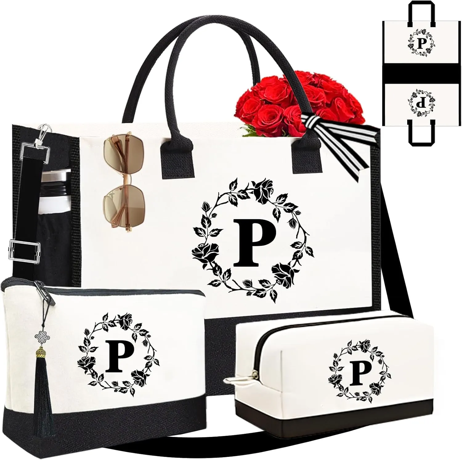 Adyoung Monogrammed Tote Bags, 3PCS Initial Personalized Monogram Tote Bags for Women, Birthday Gifts Tote Letter Canvas Bag