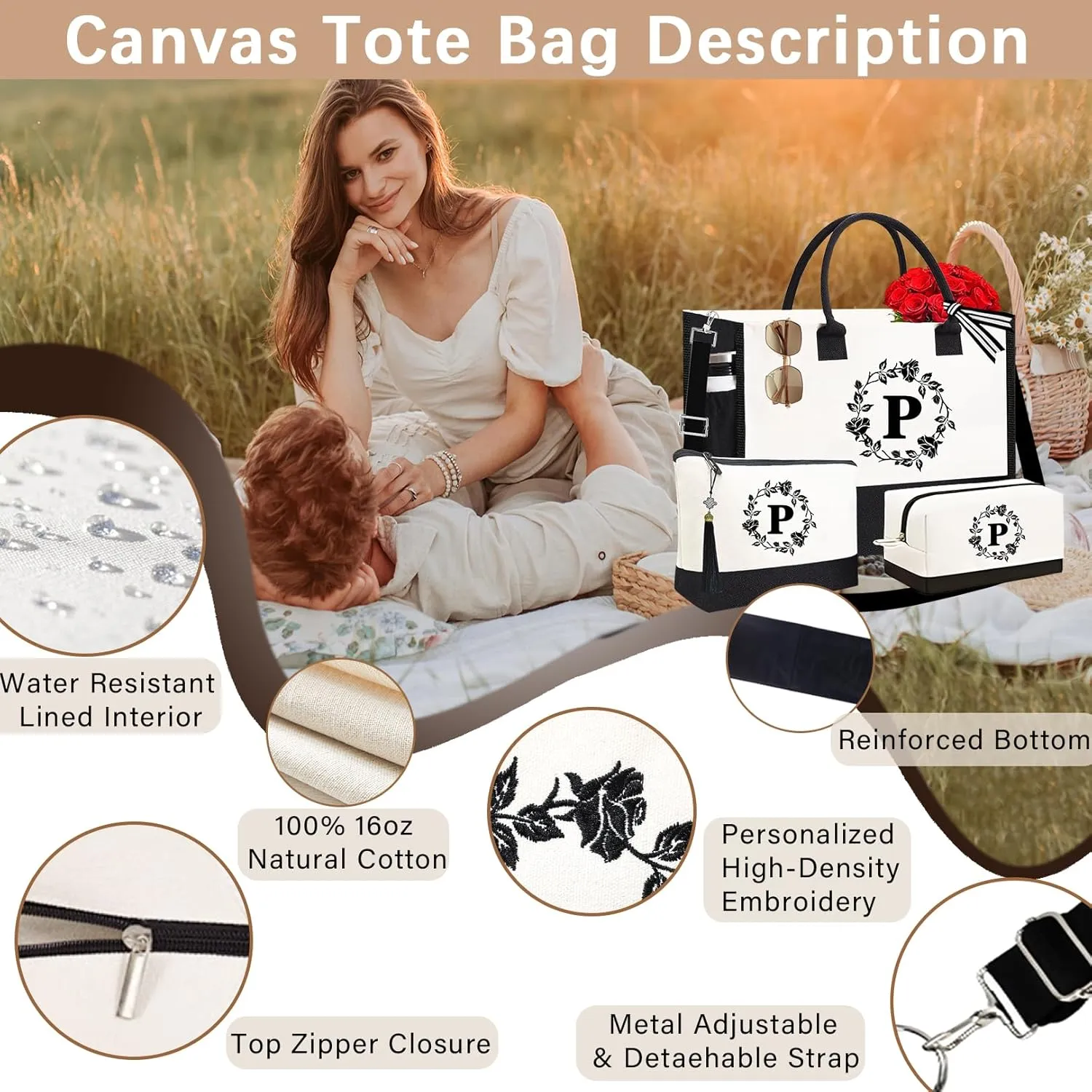 Adyoung Monogrammed Tote Bags, 3PCS Initial Personalized Monogram Tote Bags for Women, Birthday Gifts Tote Letter Canvas Bag