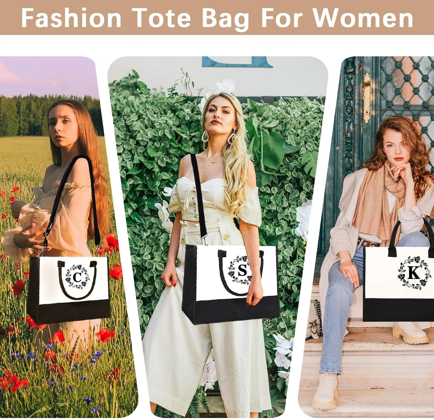 Adyoung Monogrammed Tote Bags, 3PCS Initial Personalized Monogram Tote Bags for Women, Birthday Gifts Tote Letter Canvas Bag