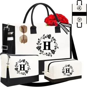 Adyoung Monogrammed Tote Bags, 3PCS Initial Personalized Monogram Tote Bags for Women, Birthday Gifts Tote Letter Canvas Bag
