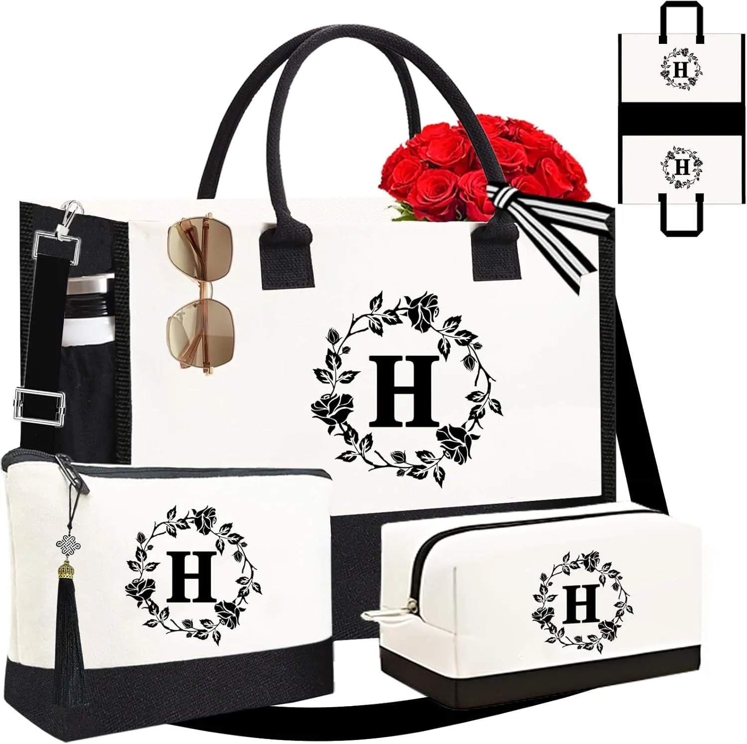 Adyoung Monogrammed Tote Bags, 3PCS Initial Personalized Monogram Tote Bags for Women, Birthday Gifts Tote Letter Canvas Bag