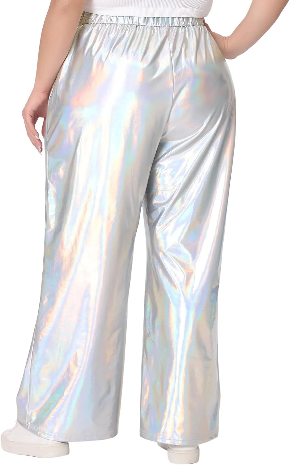 Agnes Orinda Plus Size Metallic High Waist Stretchy Jogger Pants for Women Holographic Hip Hop Streetwear