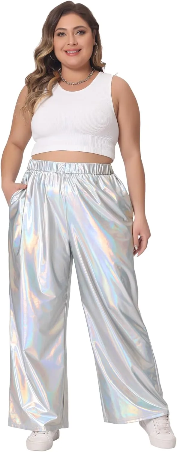 Agnes Orinda Plus Size Metallic High Waist Stretchy Jogger Pants for Women Holographic Hip Hop Streetwear