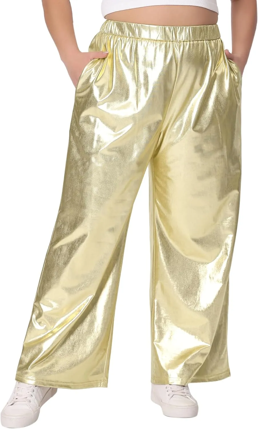 Agnes Orinda Plus Size Metallic High Waist Stretchy Jogger Pants for Women Holographic Hip Hop Streetwear