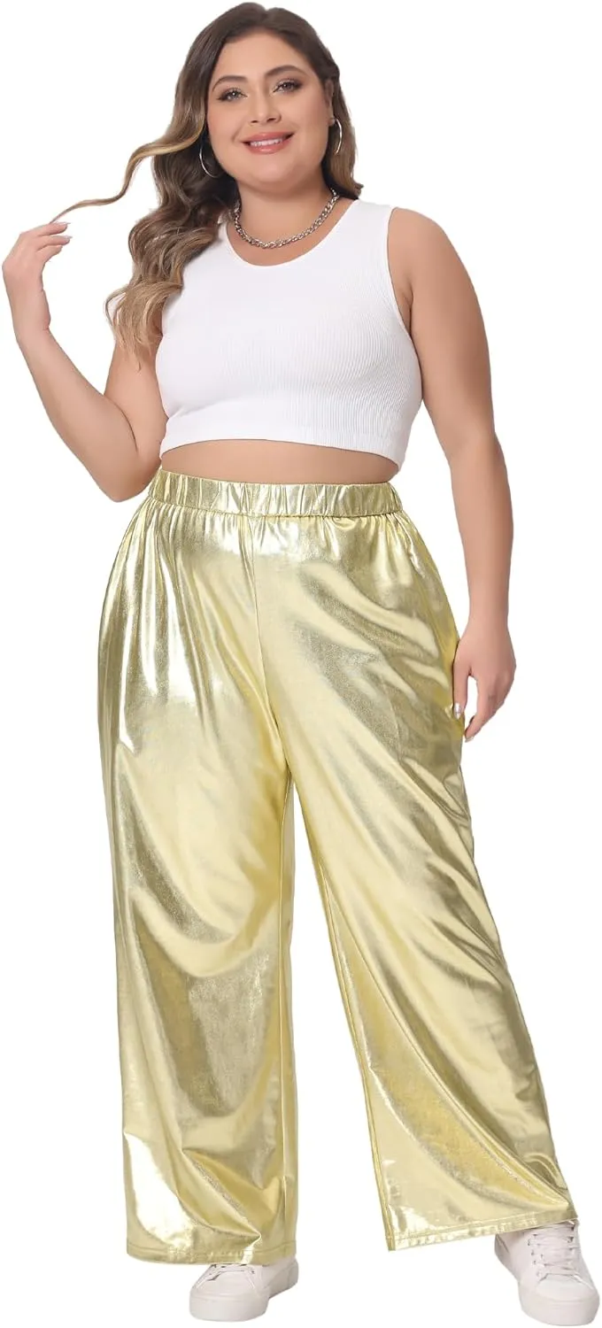 Agnes Orinda Plus Size Metallic High Waist Stretchy Jogger Pants for Women Holographic Hip Hop Streetwear