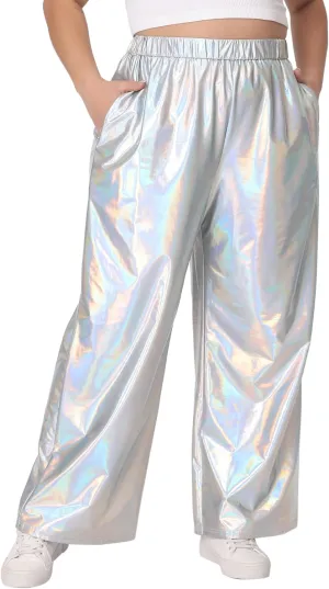 Agnes Orinda Plus Size Metallic High Waist Stretchy Jogger Pants for Women Holographic Hip Hop Streetwear