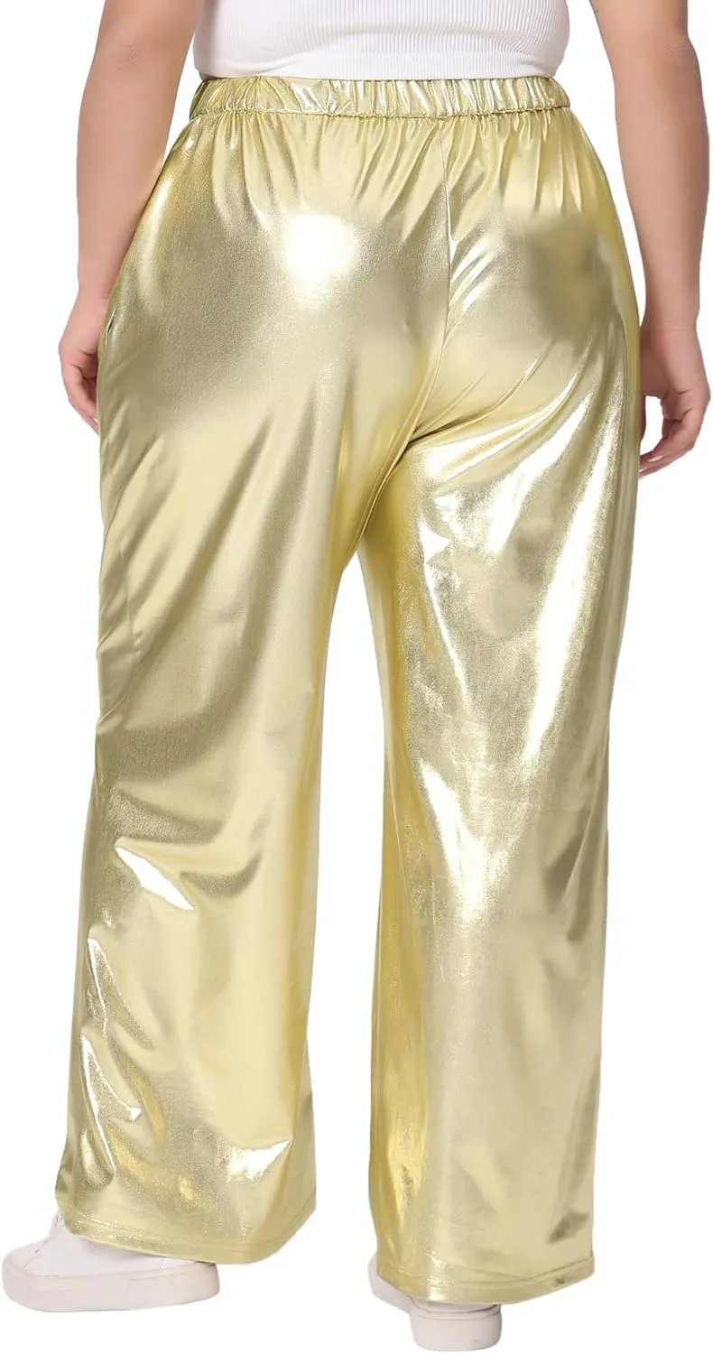 Agnes Orinda Plus Size Metallic High Waist Stretchy Jogger Pants for Women Holographic Hip Hop Streetwear
