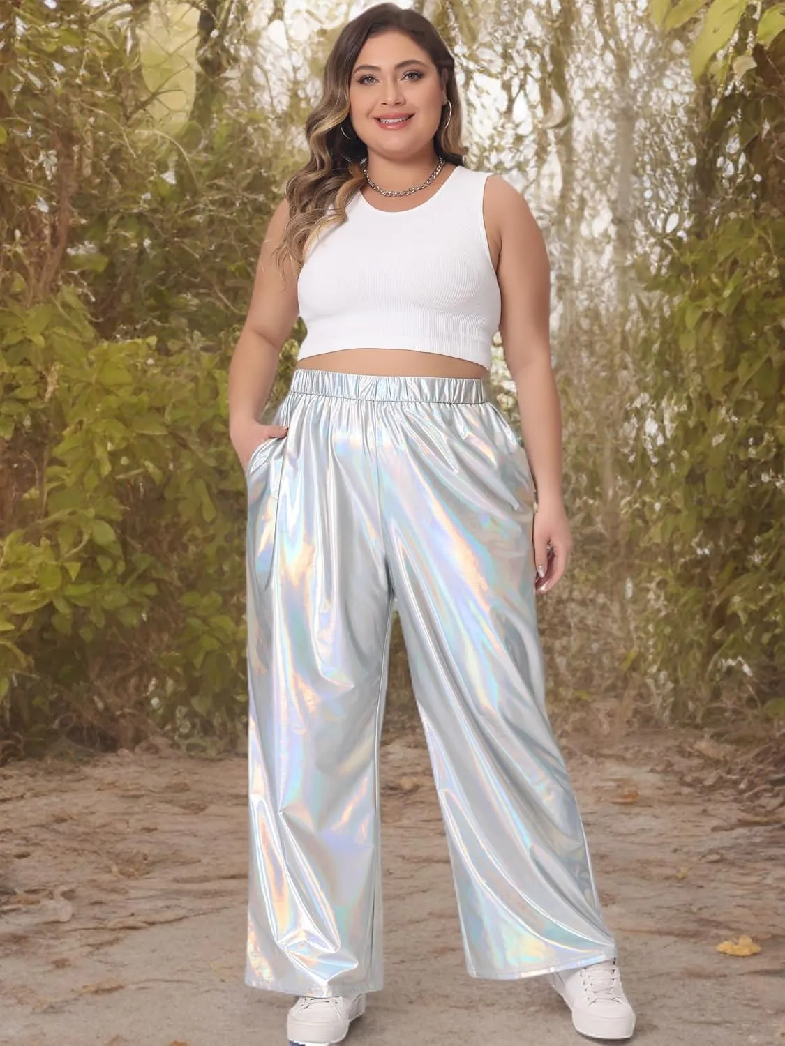 Agnes Orinda Plus Size Metallic High Waist Stretchy Jogger Pants for Women Holographic Hip Hop Streetwear