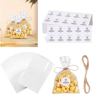 AIOMOB 100 Set Housewarming Popcorn Sticker Clear Popcorn Favor Bags Thanks for Popping by Popcorn Bags with Jute String Treat Bags for Housewarming Open house Party