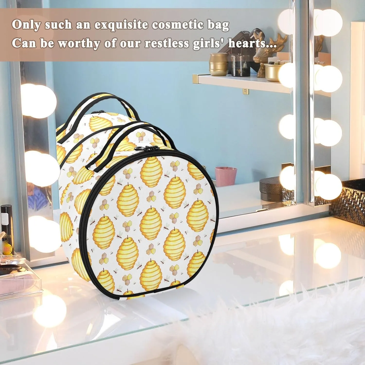 ALAZA Bees Bee Hives Honeycomb Travel Make Up Organizer Cosmetic Brush Bags Case