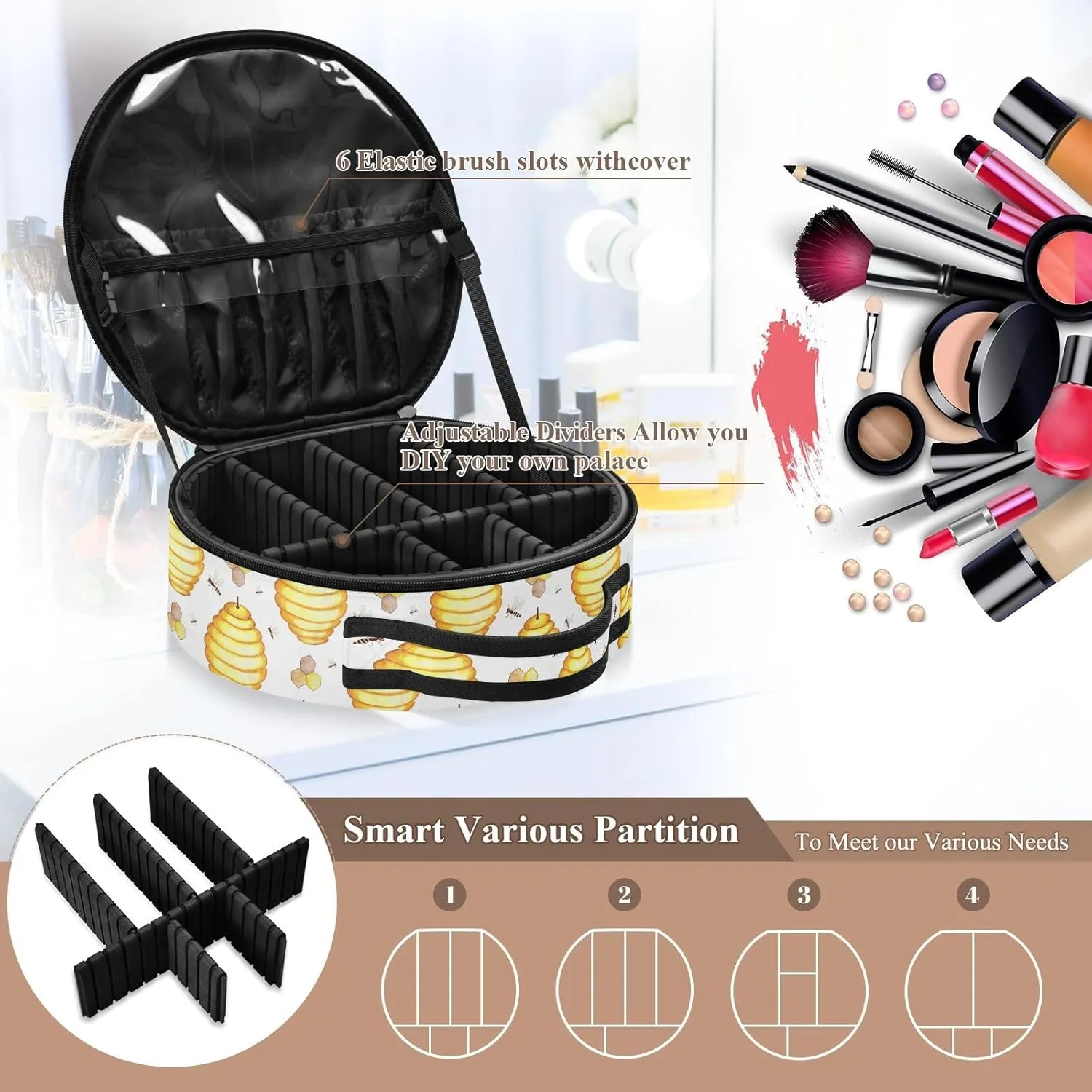 ALAZA Bees Bee Hives Honeycomb Travel Make Up Organizer Cosmetic Brush Bags Case
