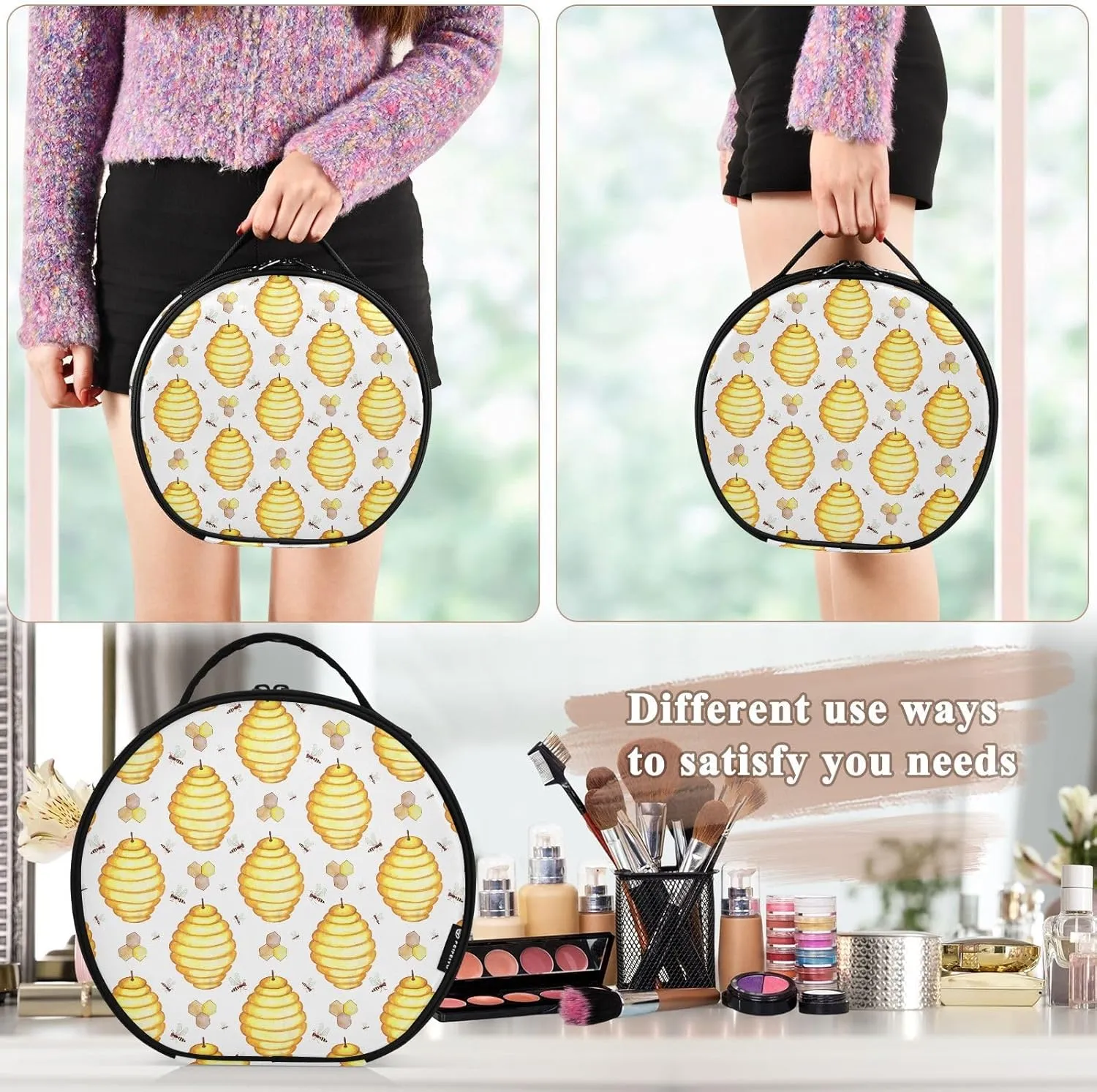ALAZA Bees Bee Hives Honeycomb Travel Make Up Organizer Cosmetic Brush Bags Case