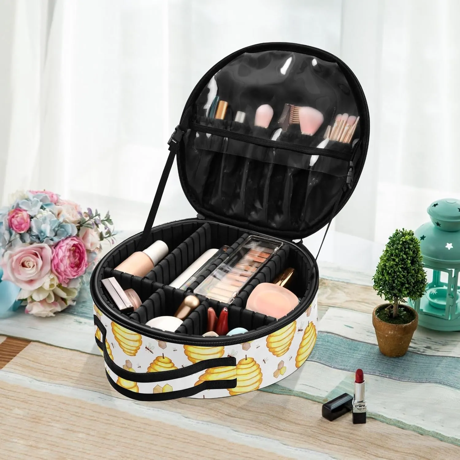 ALAZA Bees Bee Hives Honeycomb Travel Make Up Organizer Cosmetic Brush Bags Case