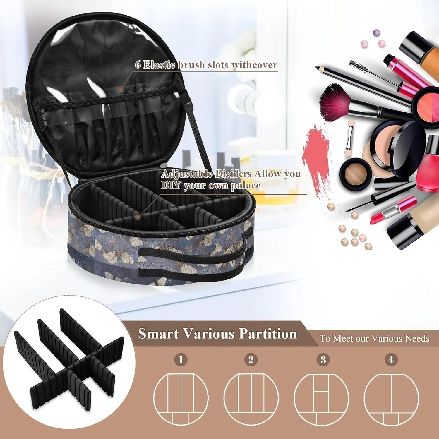 ALAZA Butterflies on Thorns Travel Make Up Organizer Cosmetic Brush Bags Case