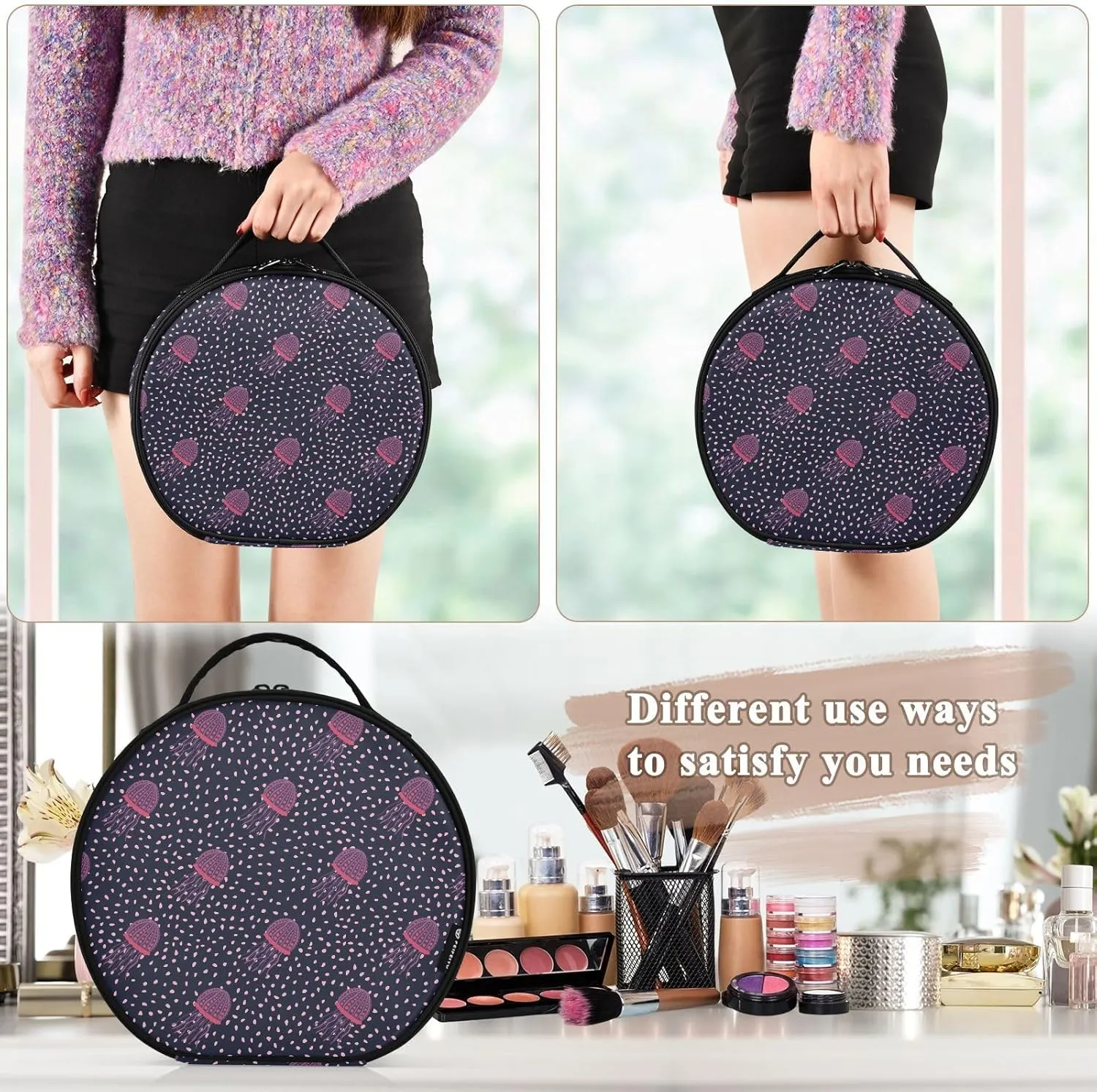 ALAZA Dark Sea Jellyfish Marine Travel Make Up Organizer Cosmetic Brush Bags Case