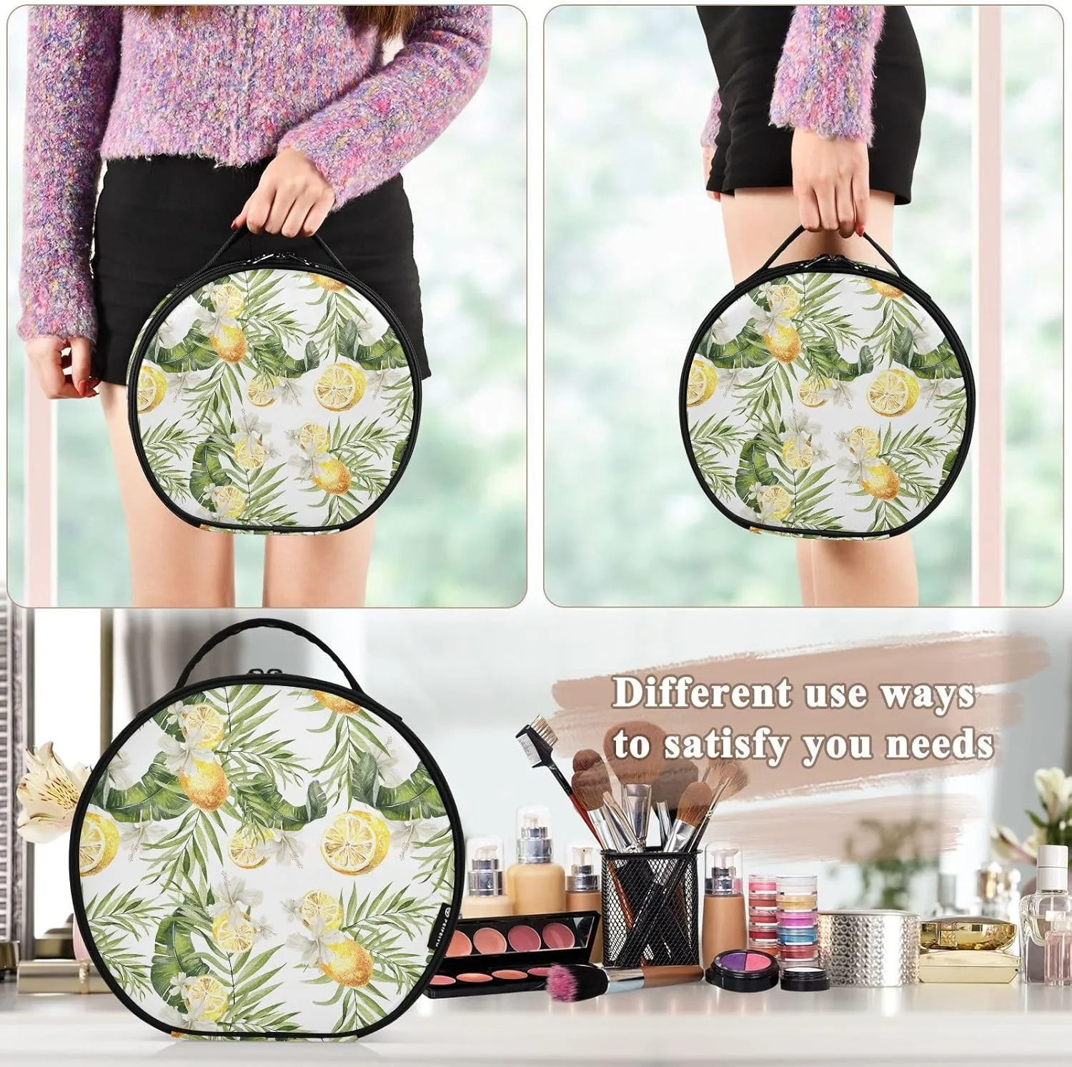 ALAZA Lemon Floral Palm Tree Portable Cosmetic Bag Large Capacity Makeup Bags
