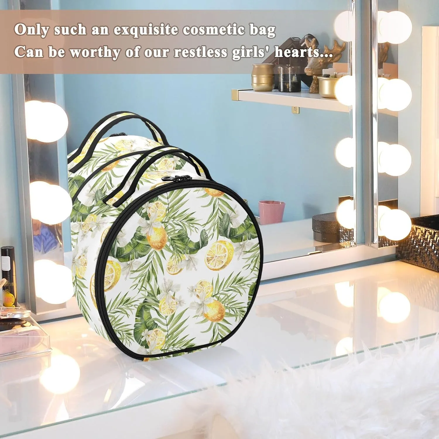ALAZA Lemon Floral Palm Tree Portable Cosmetic Bag Large Capacity Makeup Bags