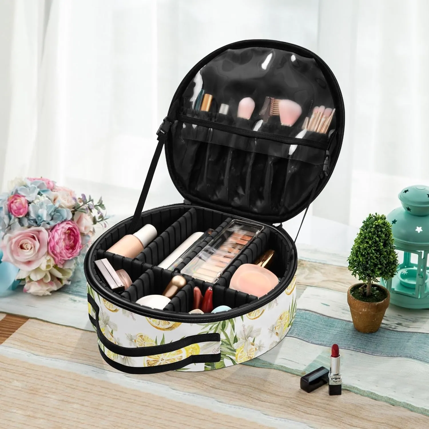 ALAZA Lemon Floral Palm Tree Portable Cosmetic Bag Large Capacity Makeup Bags