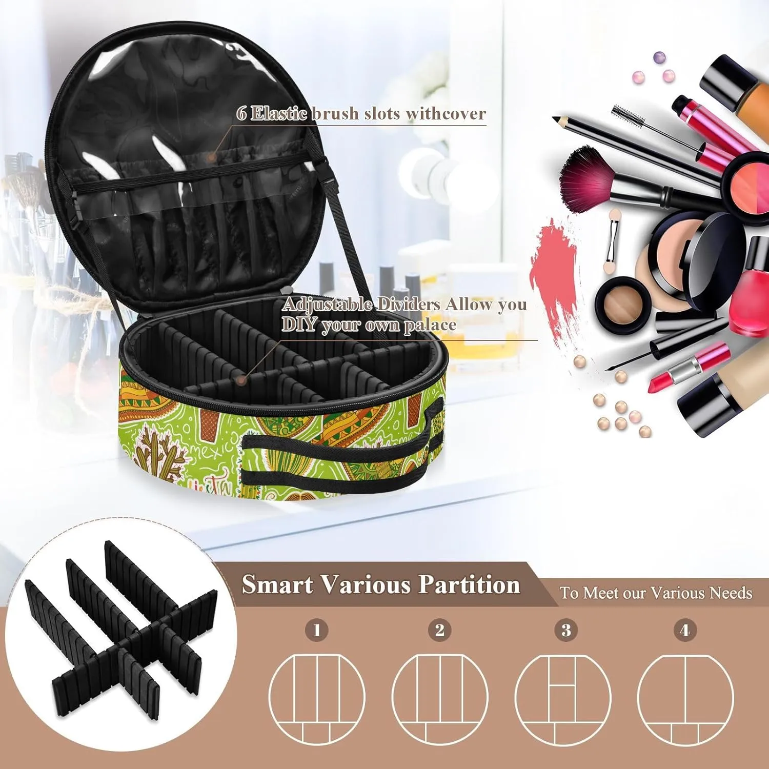 ALAZA Mexican Fiesta Party Maracas Sombrero Mustache Cacti Guitar Travel Make Up Organizer Cosmetic Brush Bags Case