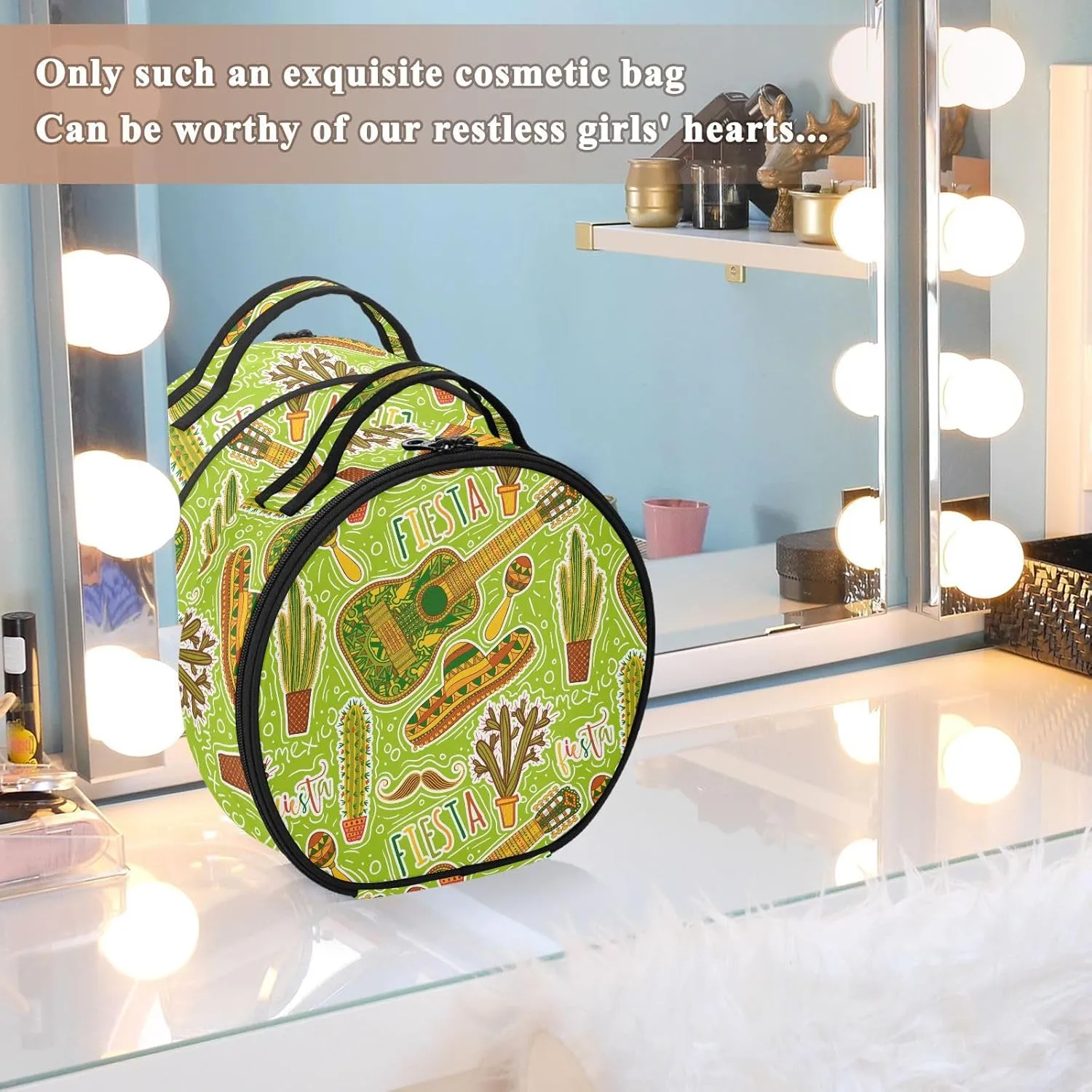 ALAZA Mexican Fiesta Party Maracas Sombrero Mustache Cacti Guitar Travel Make Up Organizer Cosmetic Brush Bags Case