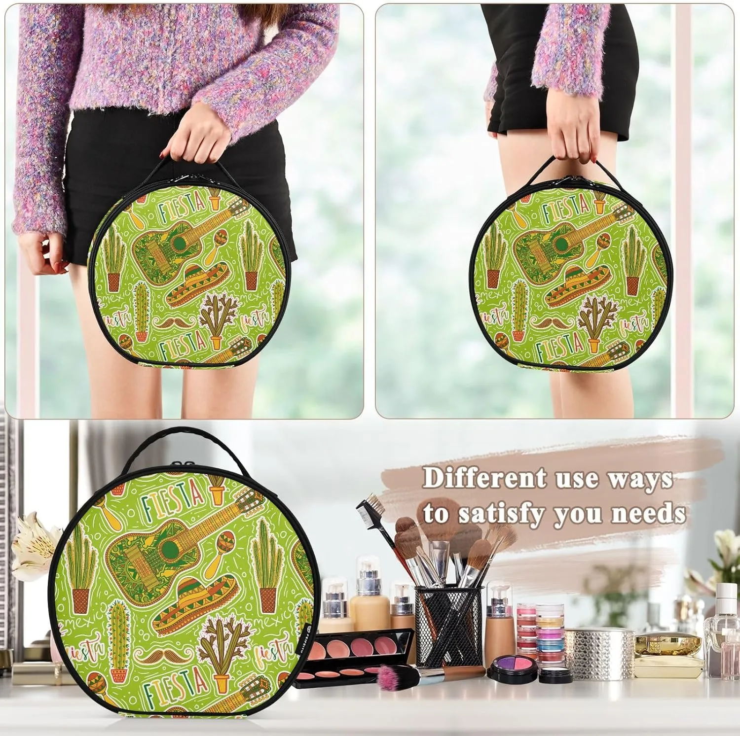ALAZA Mexican Fiesta Party Maracas Sombrero Mustache Cacti Guitar Travel Make Up Organizer Cosmetic Brush Bags Case