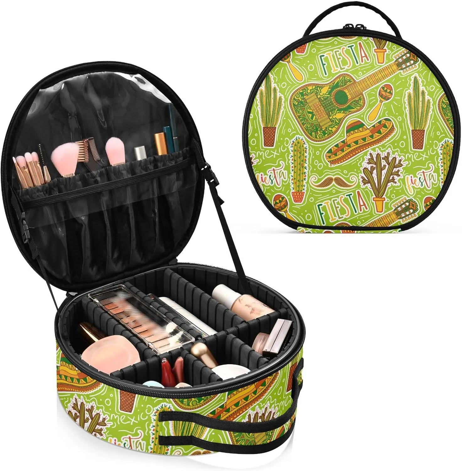 ALAZA Mexican Fiesta Party Maracas Sombrero Mustache Cacti Guitar Travel Make Up Organizer Cosmetic Brush Bags Case