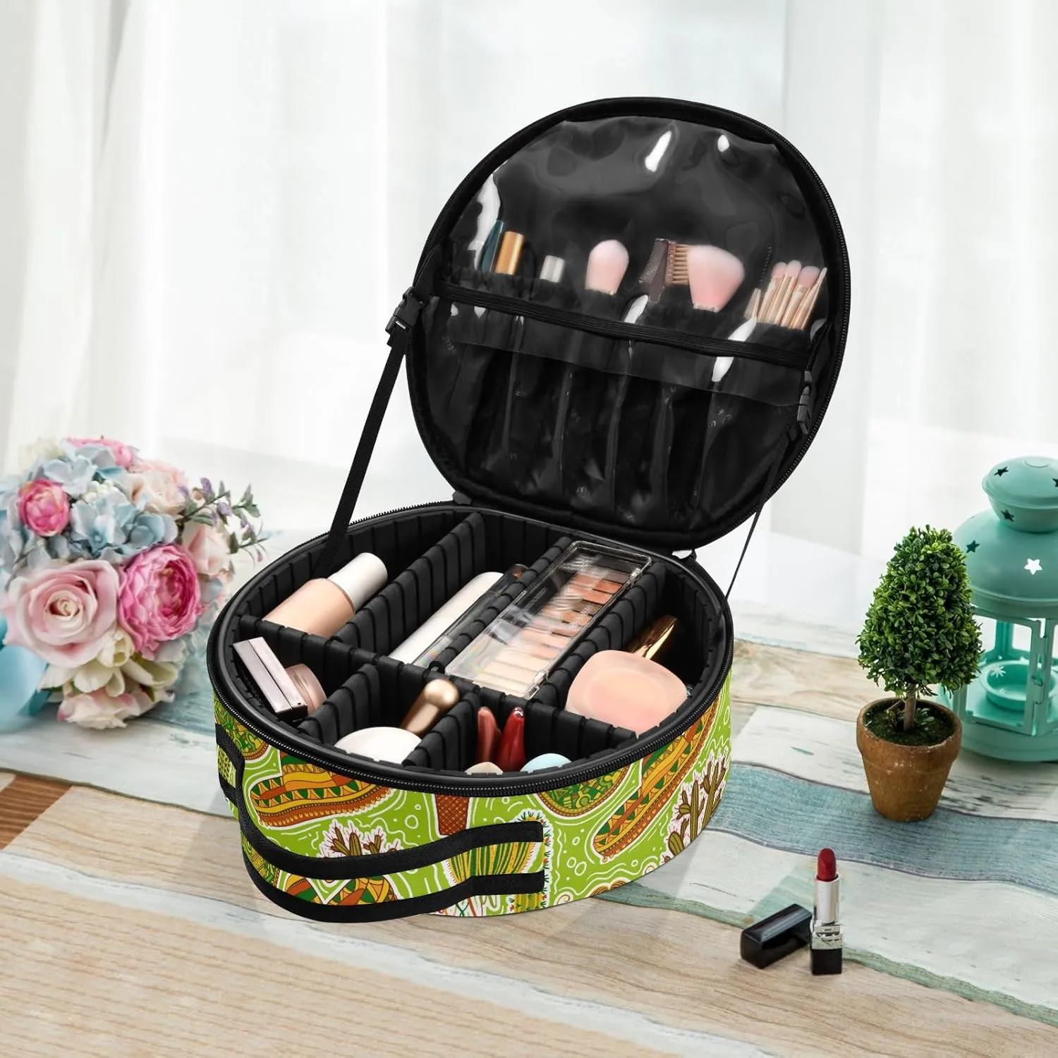 ALAZA Mexican Fiesta Party Maracas Sombrero Mustache Cacti Guitar Travel Make Up Organizer Cosmetic Brush Bags Case
