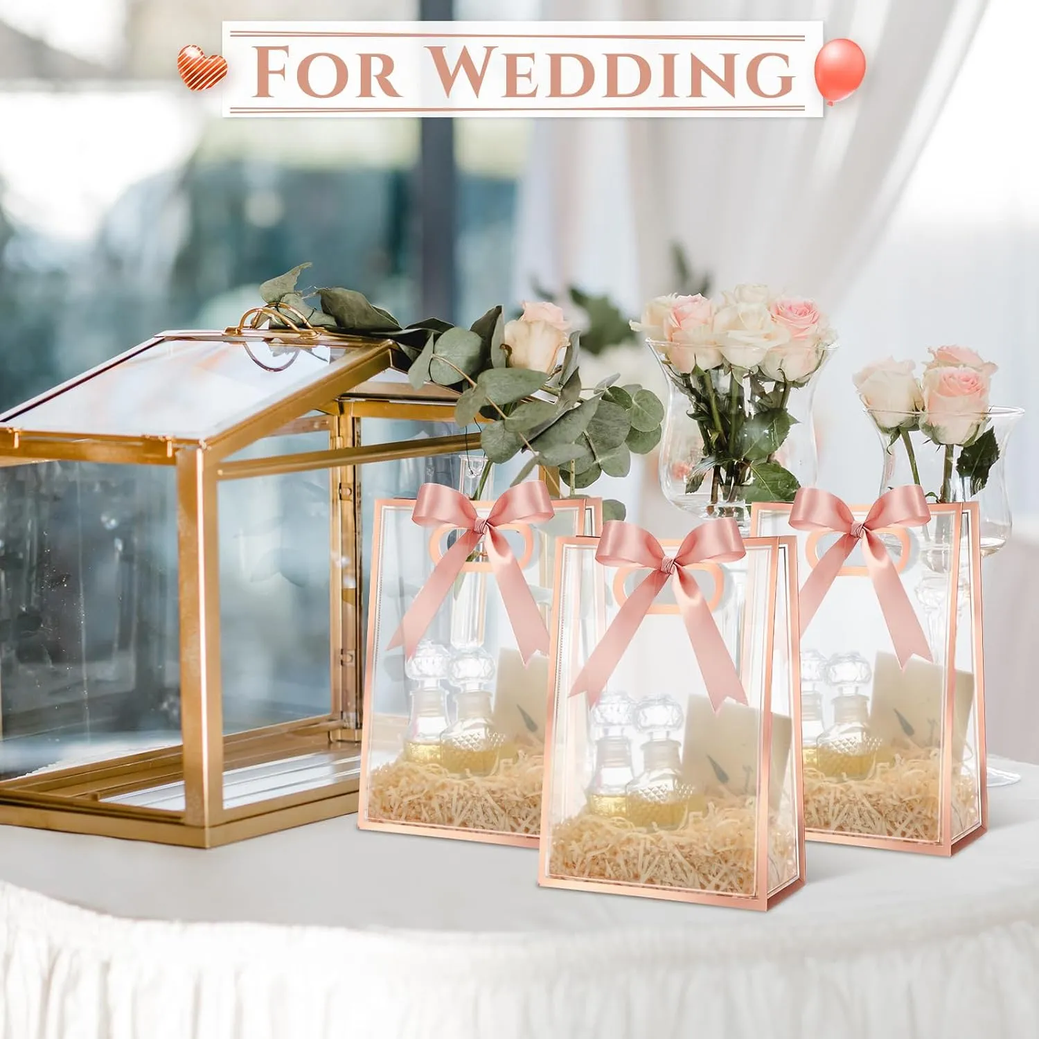 Aliceset 12 Pcs Clear Plastic Gift Bag with Die Cut Handles Graduation Reusable PP Flower Bag with Ribbon for Wedding Bridal Birthday Baby Shower Party Business, 7x10x3.15 Inch(Rose Gold)