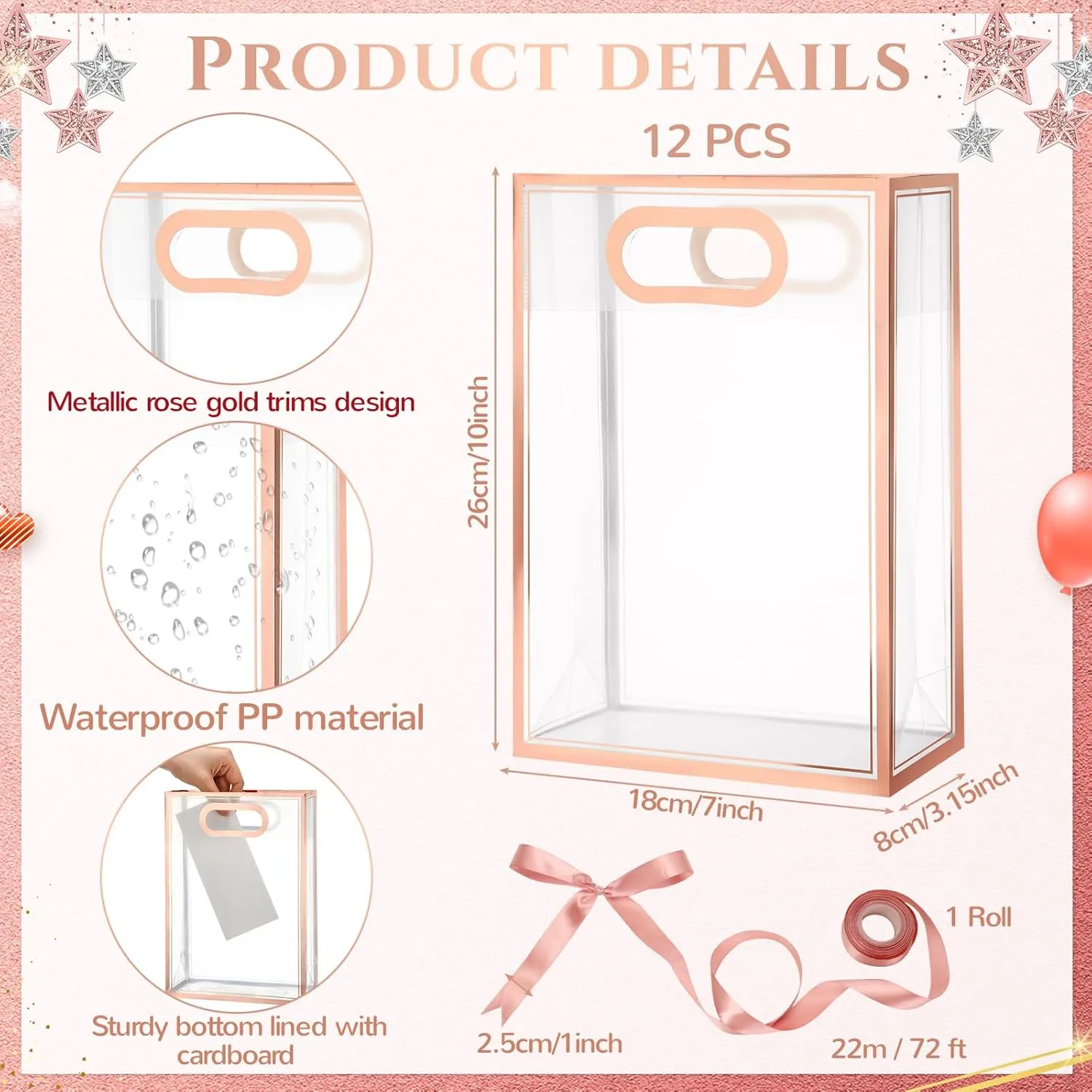Aliceset 12 Pcs Clear Plastic Gift Bag with Die Cut Handles Graduation Reusable PP Flower Bag with Ribbon for Wedding Bridal Birthday Baby Shower Party Business, 7x10x3.15 Inch(Rose Gold)