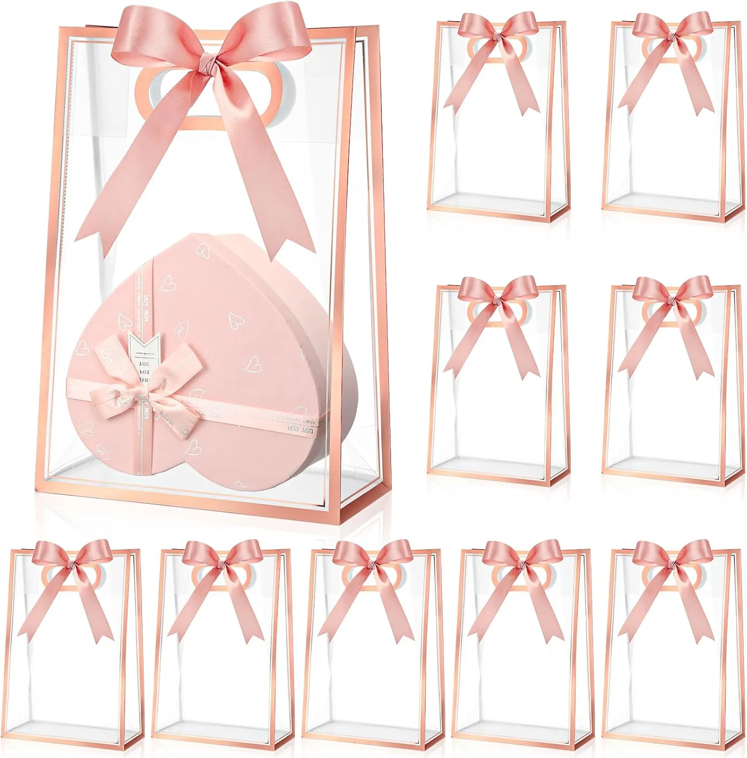 Aliceset 12 Pcs Clear Plastic Gift Bag with Die Cut Handles Graduation Reusable PP Flower Bag with Ribbon for Wedding Bridal Birthday Baby Shower Party Business, 7x10x3.15 Inch(Rose Gold)