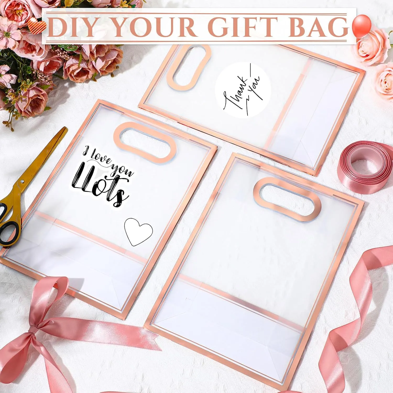Aliceset 12 Pcs Clear Plastic Gift Bag with Die Cut Handles Graduation Reusable PP Flower Bag with Ribbon for Wedding Bridal Birthday Baby Shower Party Business, 7x10x3.15 Inch(Rose Gold)
