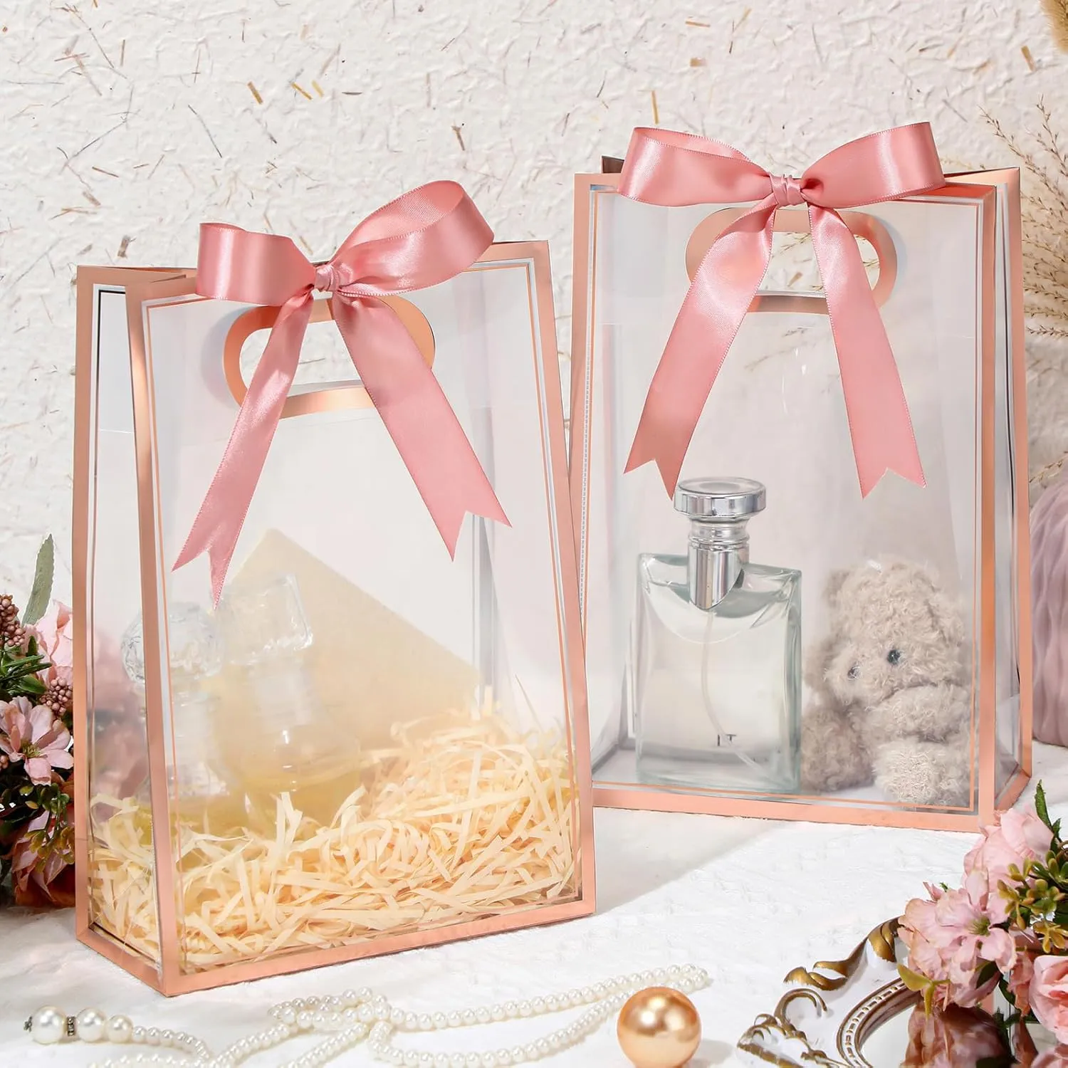 Aliceset 12 Pcs Clear Plastic Gift Bag with Die Cut Handles Graduation Reusable PP Flower Bag with Ribbon for Wedding Bridal Birthday Baby Shower Party Business, 7x10x3.15 Inch(Rose Gold)