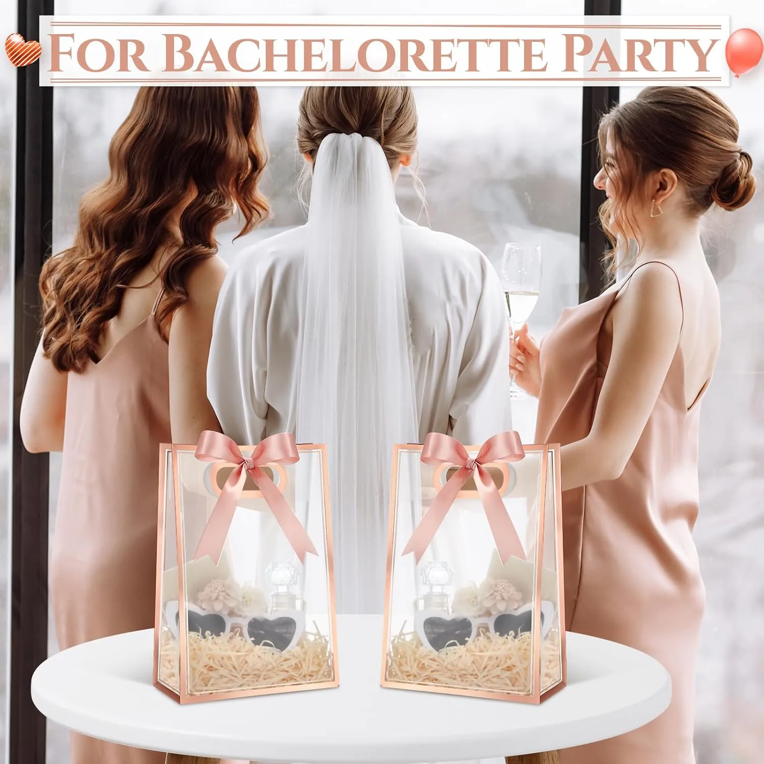 Aliceset 12 Pcs Clear Plastic Gift Bag with Die Cut Handles Graduation Reusable PP Flower Bag with Ribbon for Wedding Bridal Birthday Baby Shower Party Business, 7x10x3.15 Inch(Rose Gold)