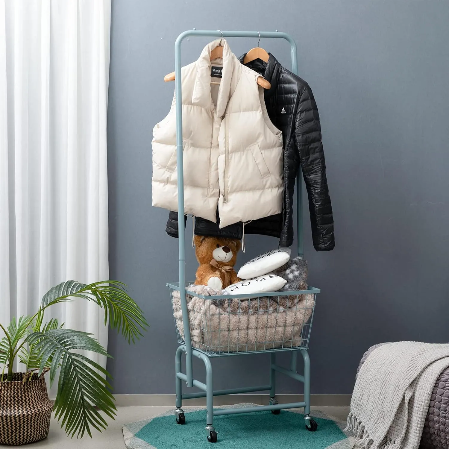 ALIMORDEN Laundry Cart with Clothes Rack, Rolling Laundry Butler with Wire Storage Rack, Grey Blue