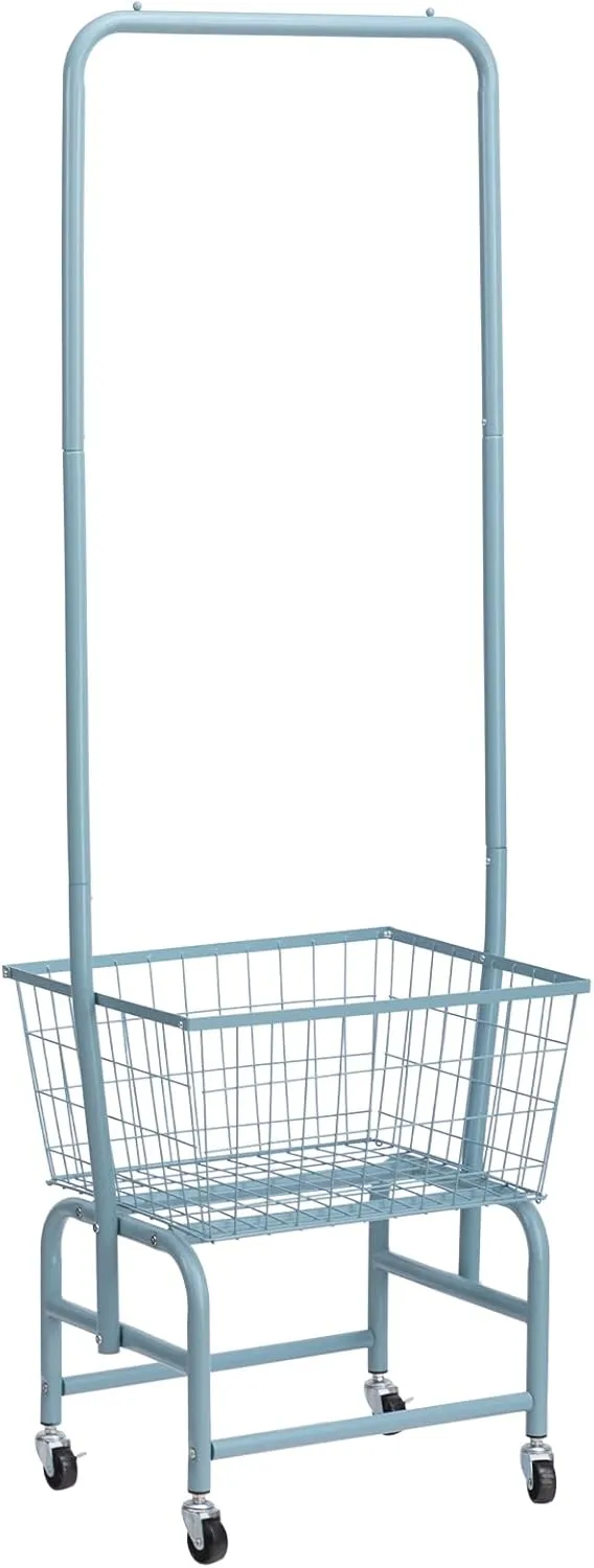 ALIMORDEN Laundry Cart with Clothes Rack, Rolling Laundry Butler with Wire Storage Rack, Grey Blue