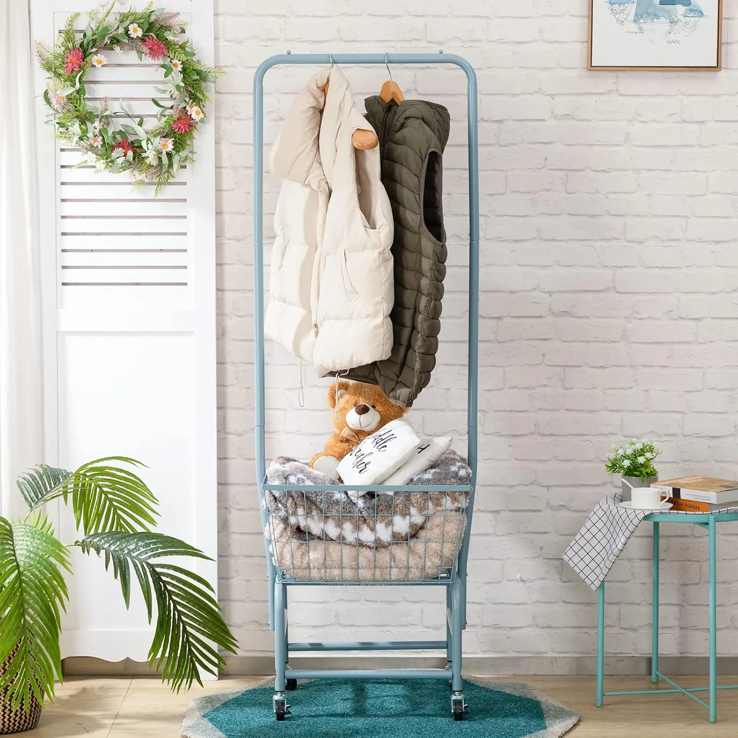 ALIMORDEN Laundry Cart with Clothes Rack, Rolling Laundry Butler with Wire Storage Rack, Grey Blue