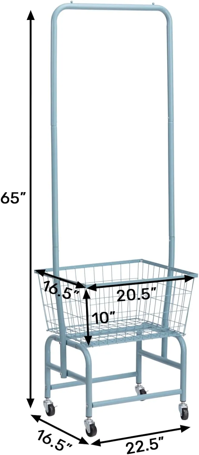 ALIMORDEN Laundry Cart with Clothes Rack, Rolling Laundry Butler with Wire Storage Rack, Grey Blue
