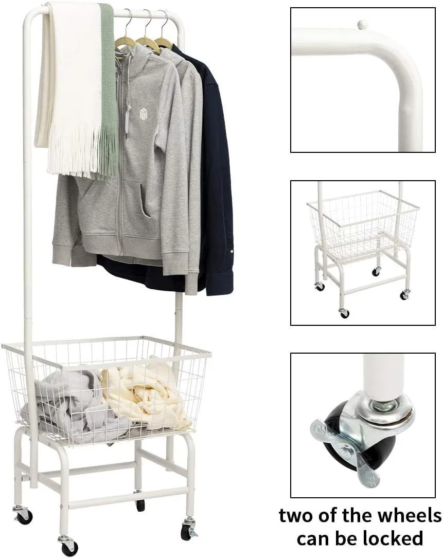 ALIMORDEN Laundry Cart with Clothes Rack, Rolling Laundry Butler with Wire Storage Rack，Black