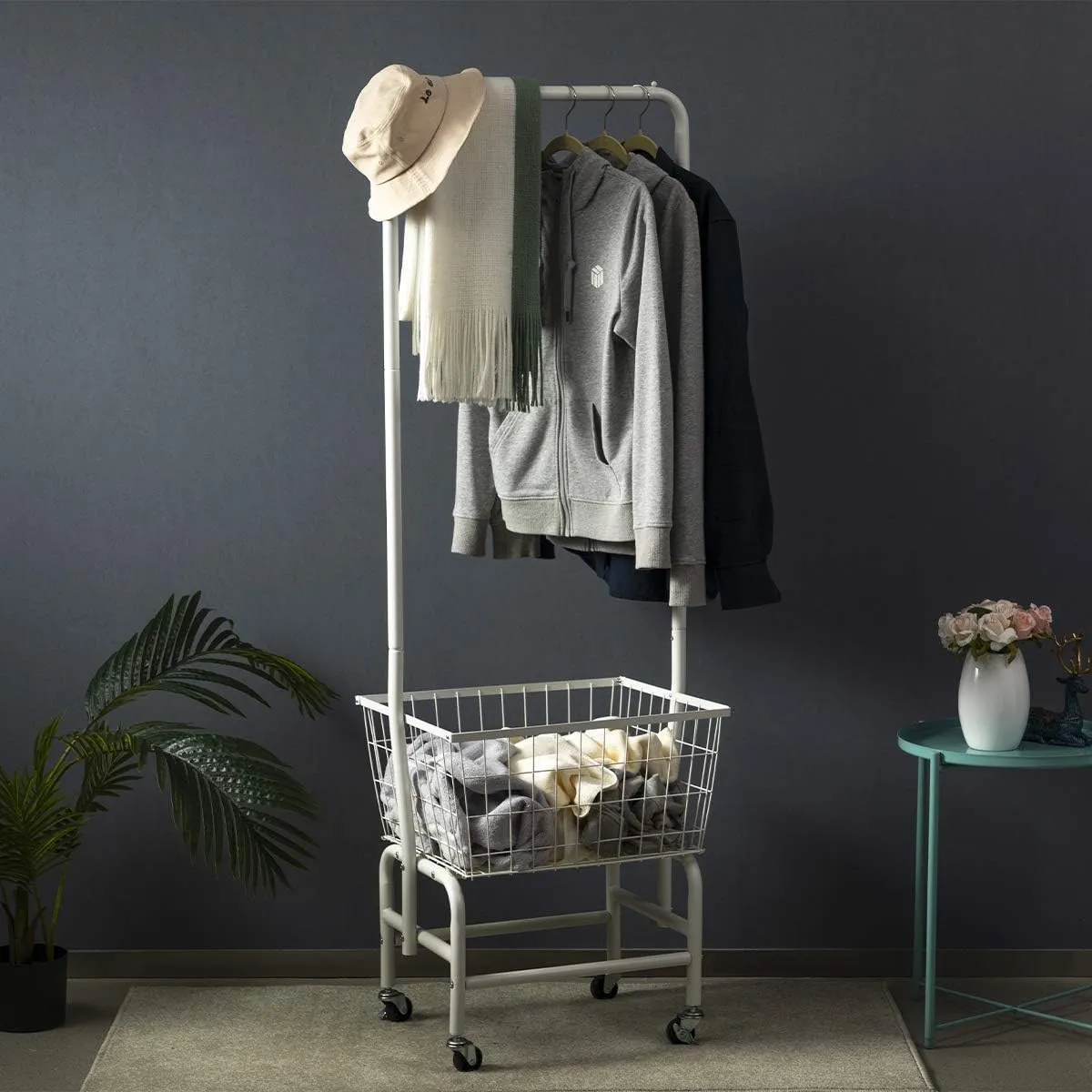 ALIMORDEN Laundry Cart with Clothes Rack, Rolling Laundry Butler with Wire Storage Rack，Black