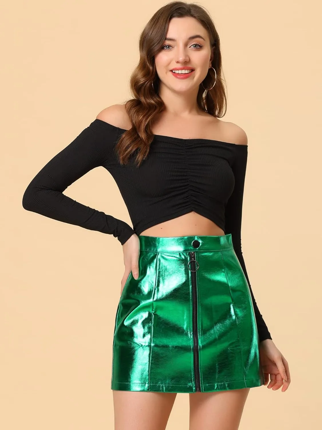 Allegra K Women's Halloween Costume Metallic Mini Skirt Shiny Holographic High Waist Zipper Short Skirts