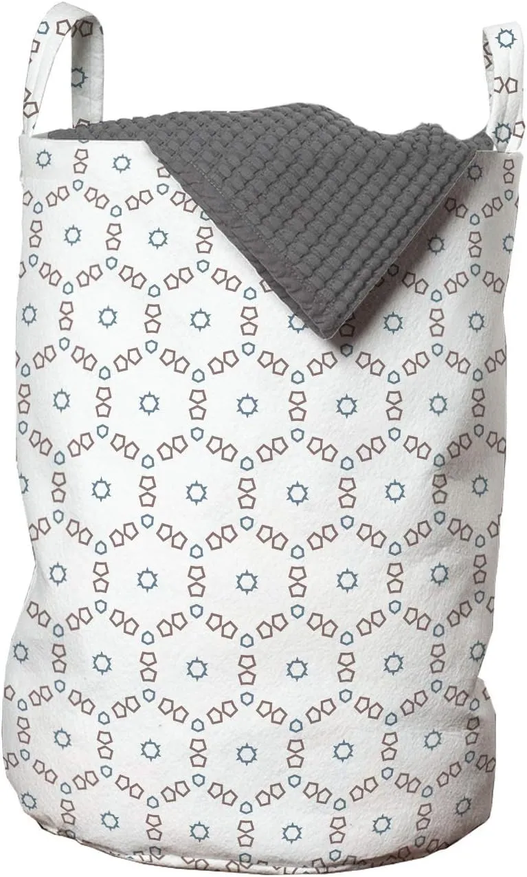 Ambesonne Abstract Laundry Bag, Rhythmic Floral Art Geometric Floral Motifs Pattern on Plain Backdrop, Hamper Basket with Handles Drawstring Closure for Laundromats, 13" x 19", White and Blue Grey