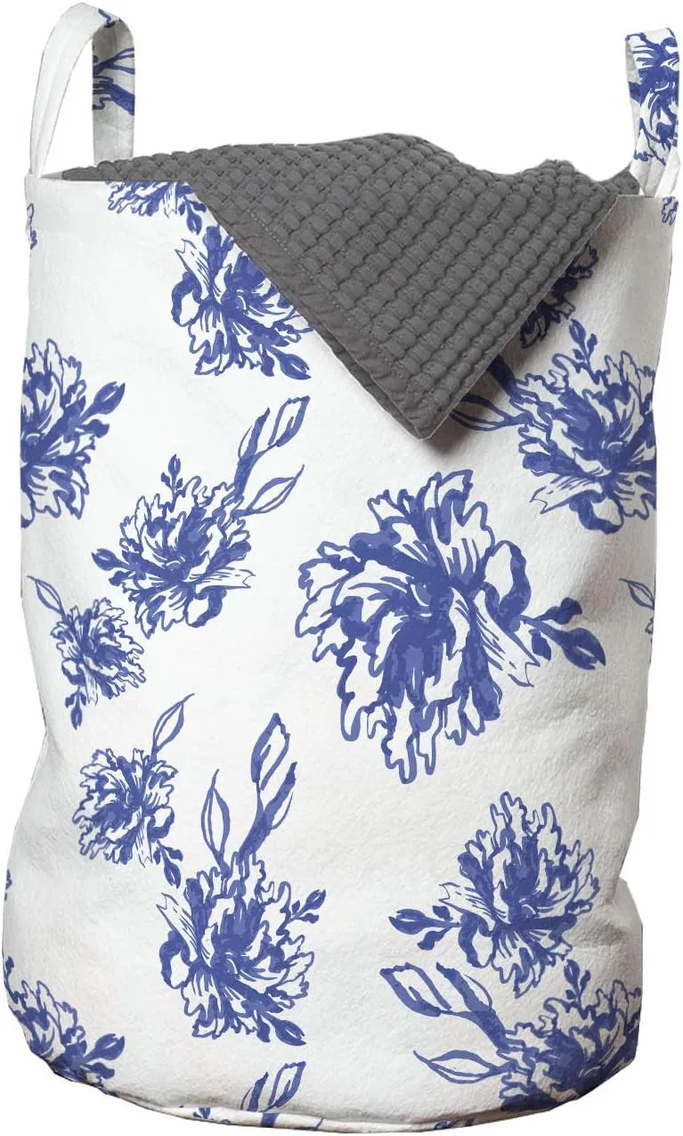 Ambesonne Floral Laundry Bag, Rhythmic Abstract Blue Peonies Blossom Watercolor Pattern on Plain Background, Hamper Basket with Handles Drawstring Closure for Laundromats, 13" x 19", Violet Blue White