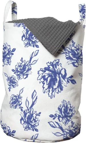 Ambesonne Floral Laundry Bag, Rhythmic Abstract Blue Peonies Blossom Watercolor Pattern on Plain Background, Hamper Basket with Handles Drawstring Closure for Laundromats, 13" x 19", Violet Blue White