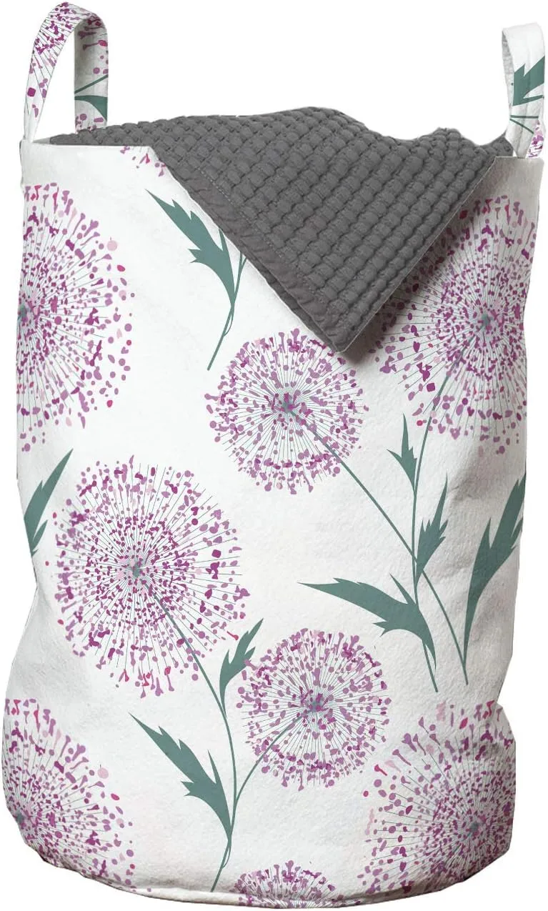 Ambesonne Floral Laundry Bag, Rhythmic Pattern Ornamental Dandelion Flowers on Plain Background, Hamper Basket with Handles Drawstring Closure for Laundromats, 13" x 19", White Pale Purple and Seafoam