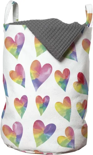 Ambesonne Hearts Laundry Bag, Rhythmic Abstract Lines of Ombre Rainbows Motifs 90's Style on Plain Background, Hamper Basket with Handles Drawstring Closure for Laundromats, 13" x 19", Multicolor
