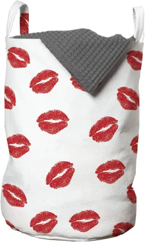 Ambesonne Lips Laundry Bag, Kisses Imprint Inspired Repeating Pattern on Plain Background Romance, Hamper Basket with Handles Drawstring Closure for Laundromats, 13" x 19", Scarlet White