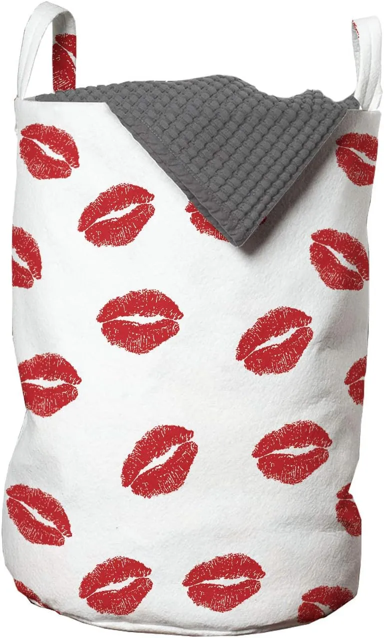 Ambesonne Lips Laundry Bag, Kisses Imprint Inspired Repeating Pattern on Plain Background Romance, Hamper Basket with Handles Drawstring Closure for Laundromats, 13" x 19", Scarlet White
