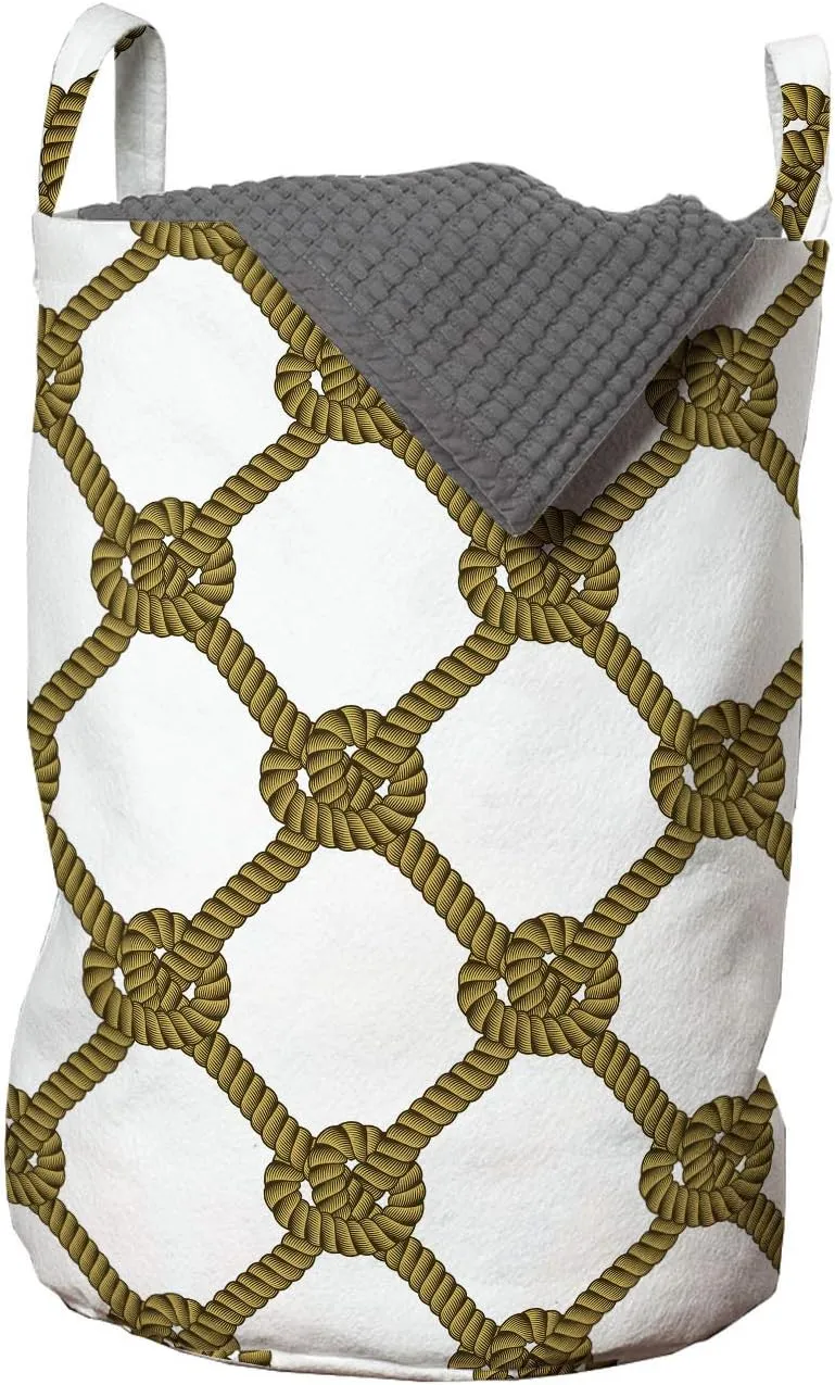 Ambesonne Nautical Laundry Bag, Rhythmic Abstract Net Shapes Cord with Knots on Plain Background Print, Hamper Basket with Handles Drawstring Closure for Laundromats, 13" x 19", Dark Mustard and Umber